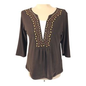Christopher & Banks Top pullover Embroidered wooden bead work Washable Sleeves S